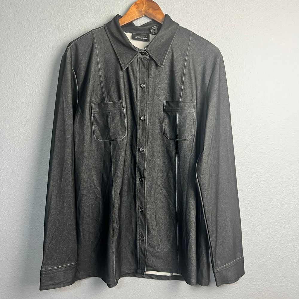 New York & Company Stretchy Black Textured Button Down Top Long Sleeve Career XL